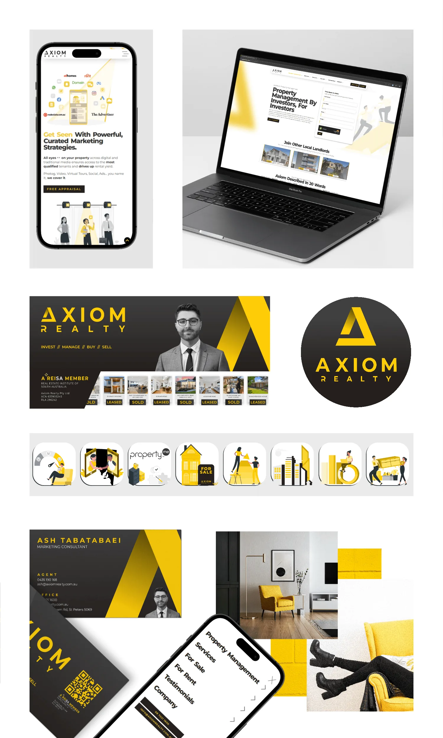 Axiom Realty brand identity mockup showcasing brand design by Business Nebula