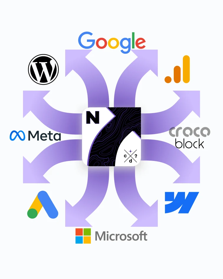 The Business Nebula mark connected to the platforms we build on: Google, Google Analytics, Crocoblock, Webflow, Microsoft, Google Ads, Meta and WordPress.