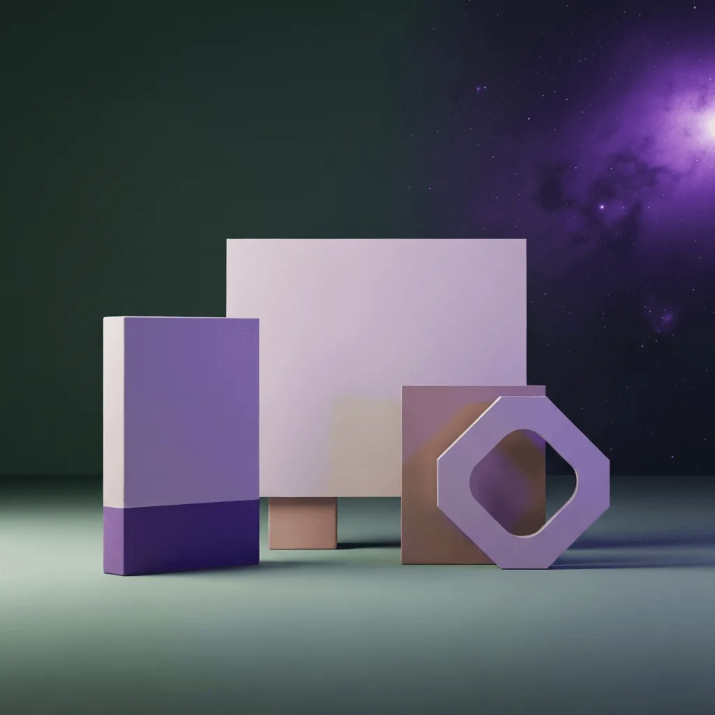 Editorial abstract sculptural still life in periwinkle and deep violet representing creative design and brand identity