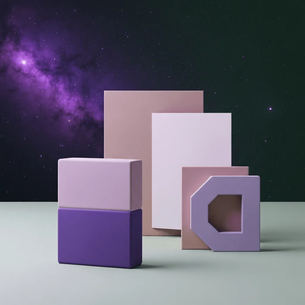 Abstract sculptural still life in violet and lavender tones representing brand identity and creative design services