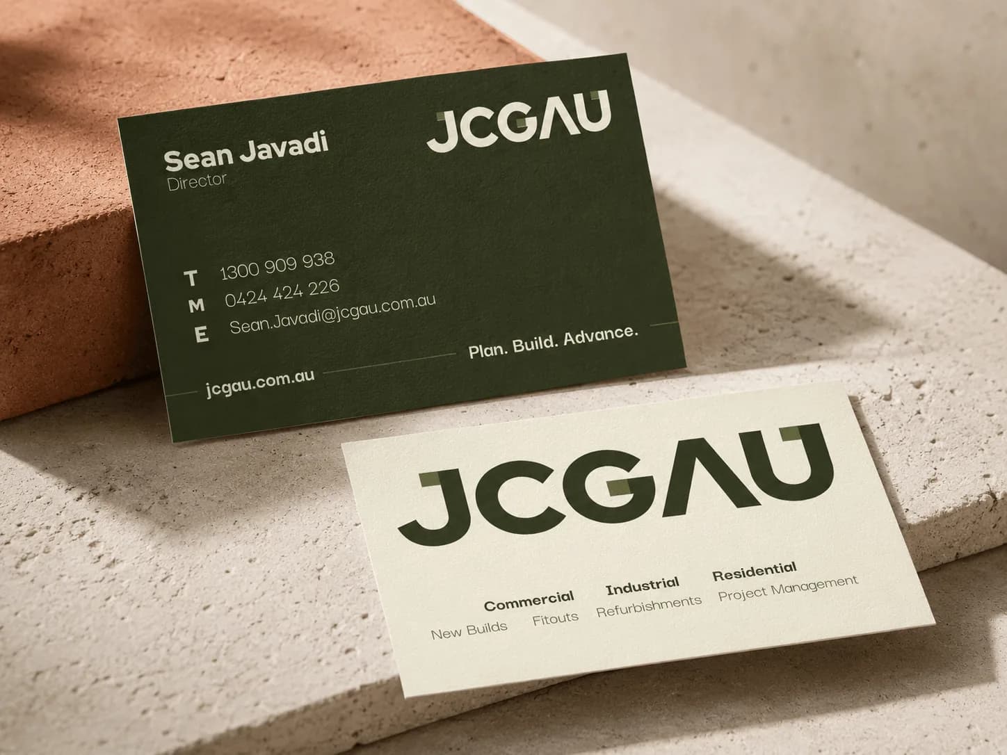 JCGAU business card design mockup showcasing brand identity work by Business Nebula
