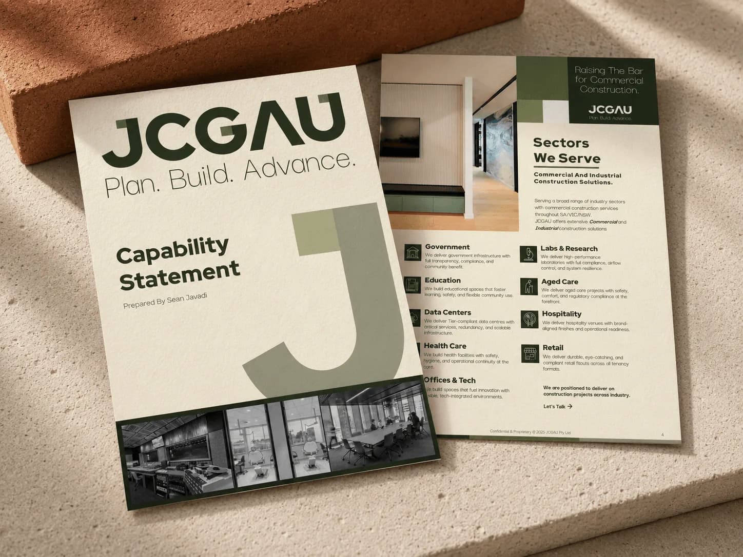 JCGAU print design mockup showcasing brand identity print collateral by Business Nebula