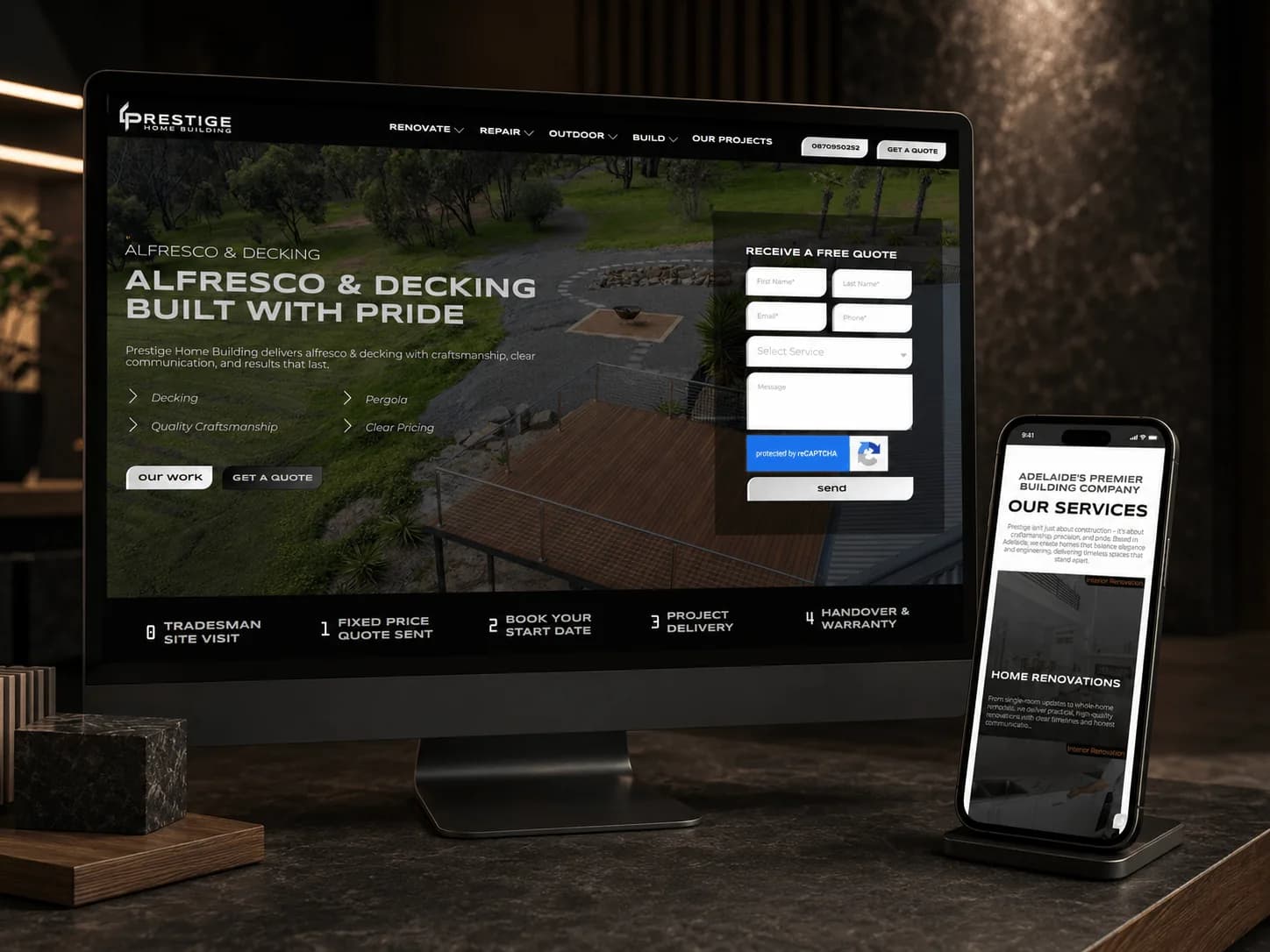Prestige Home Building website design mockup showcasing web design work by Business Nebula