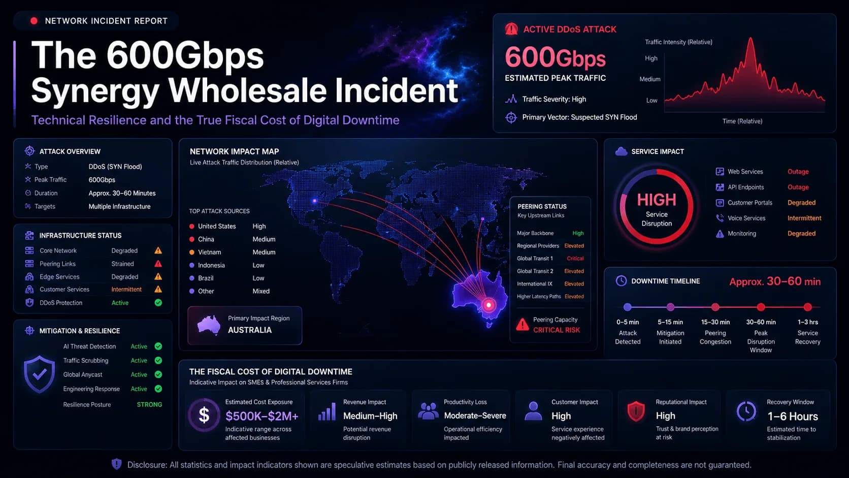 Synergy Wholesale DDoS attack incident summary graphic - May 2026 cybersecurity event