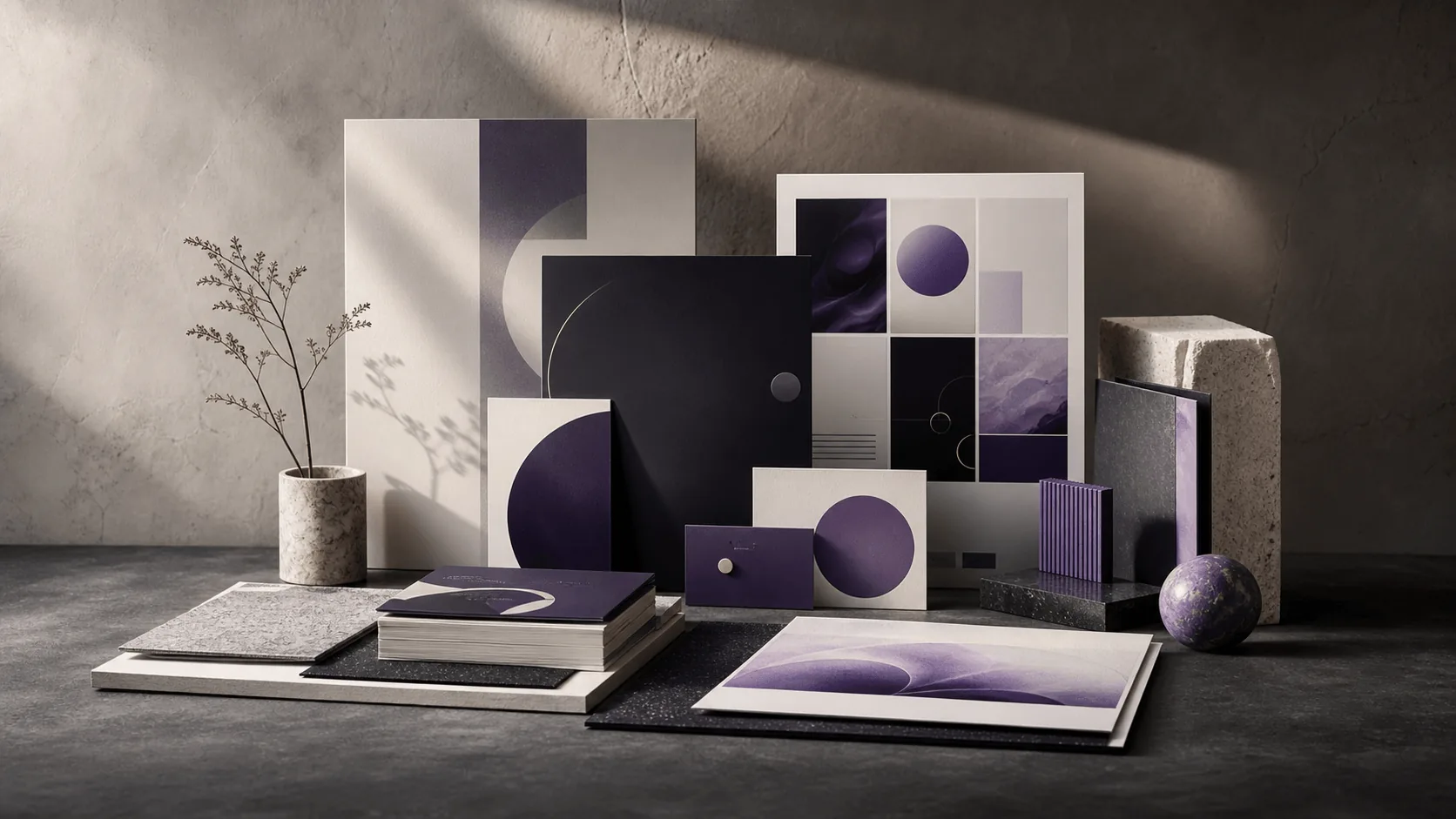 Abstract multi-channel brand execution system with proposal cards, social tiles, presentation boards and violet accents