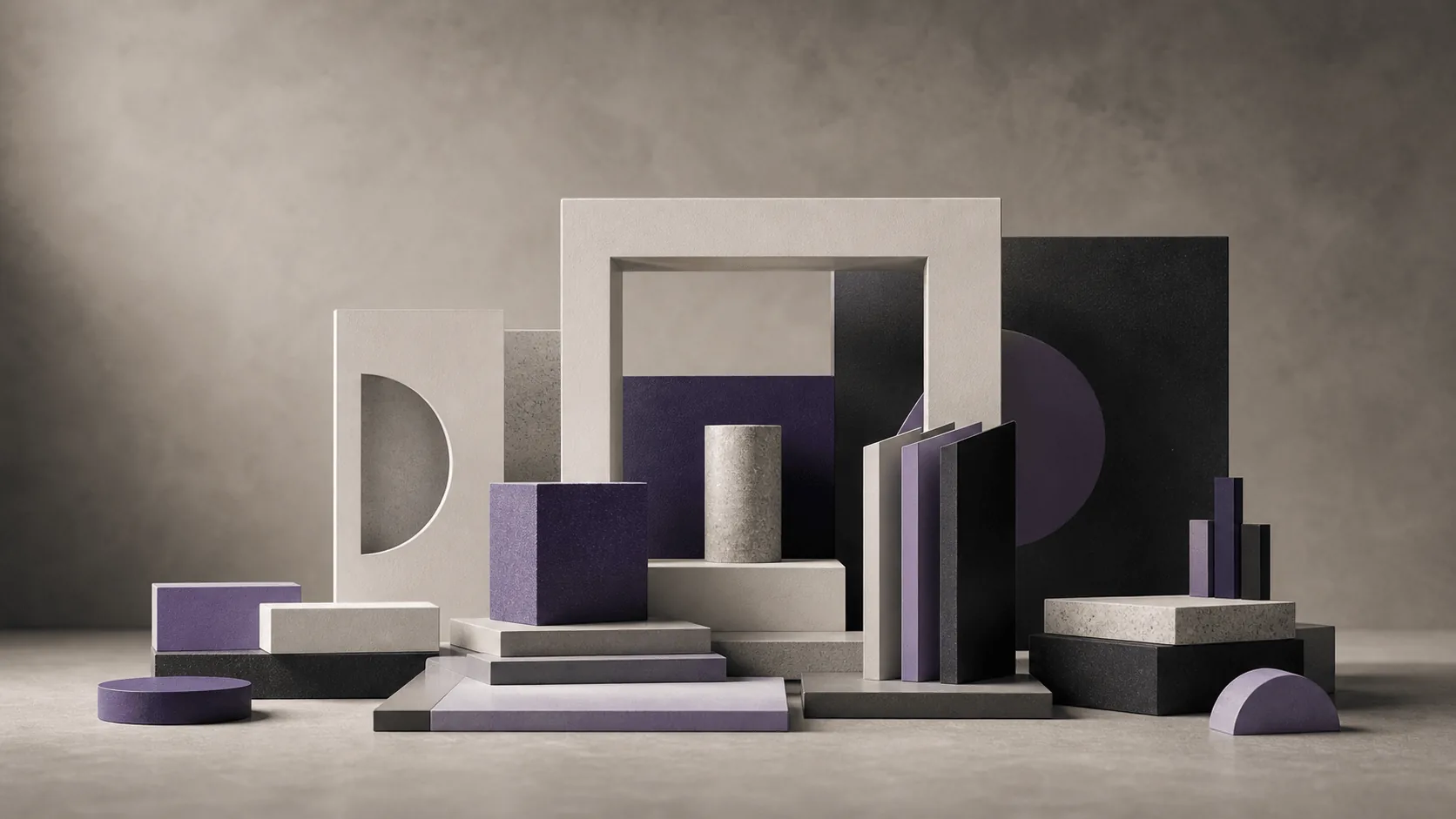 Abstract architectural brand strategy model with modular planes, aligned blocks and violet accents