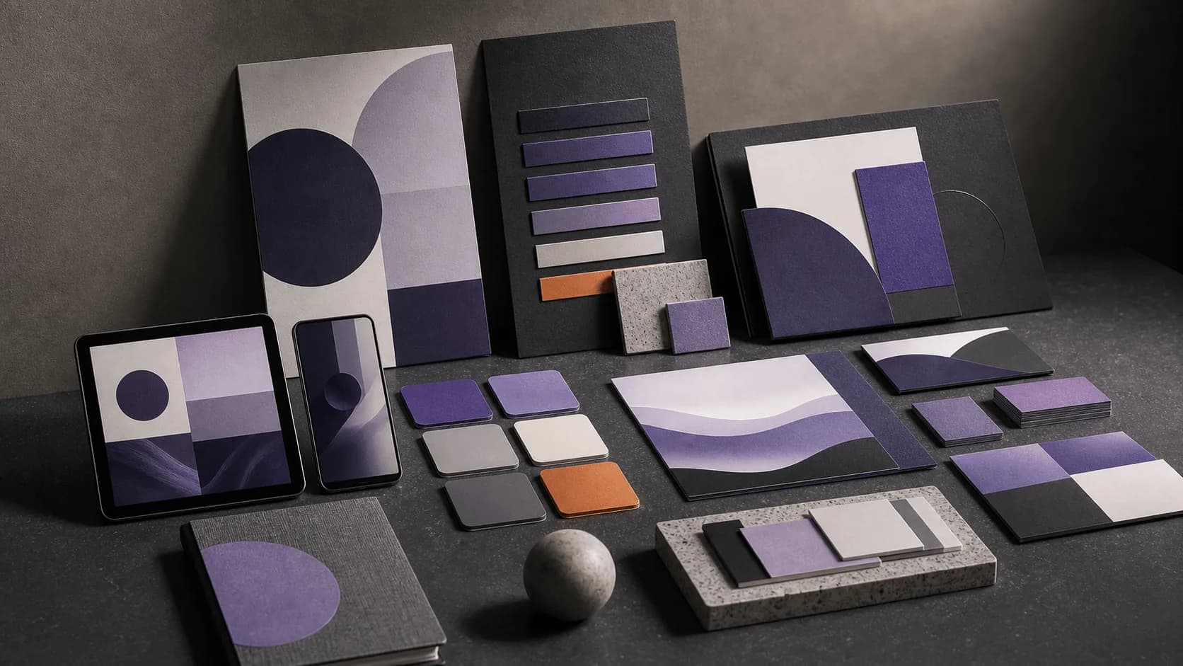 Premium abstract visual identity system with swatches, blank panels, modular forms and violet accents