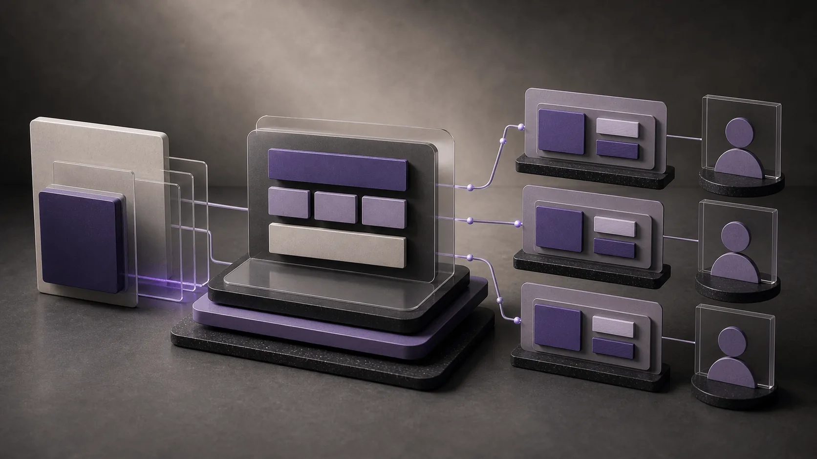Layered abstract communication system with nested panels, message blocks and audience pathways