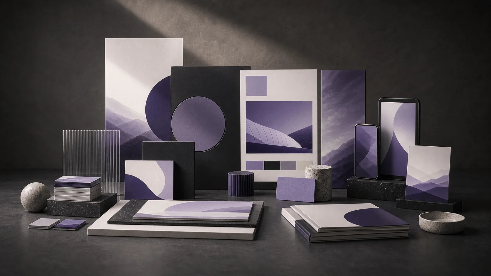 Abstract multi-channel brand campaign toolkit with proposal cards, web planes and soft violet accents