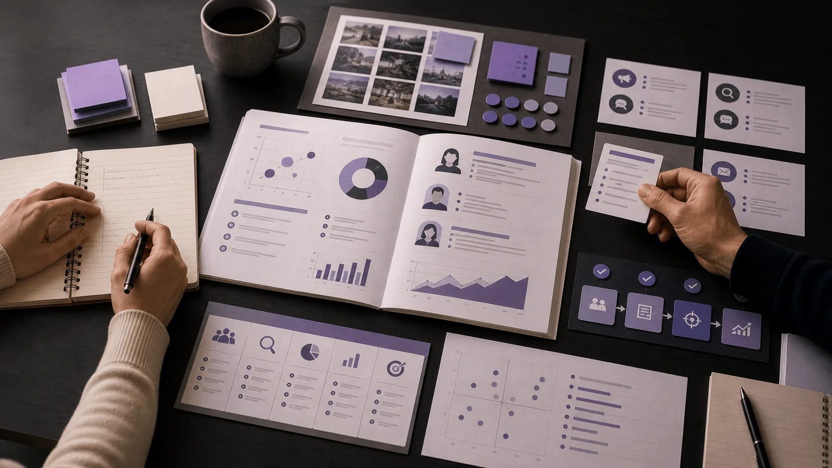 Strategy workshop materials with charts, a quadrant chart and a step-by-step process flow on a desk