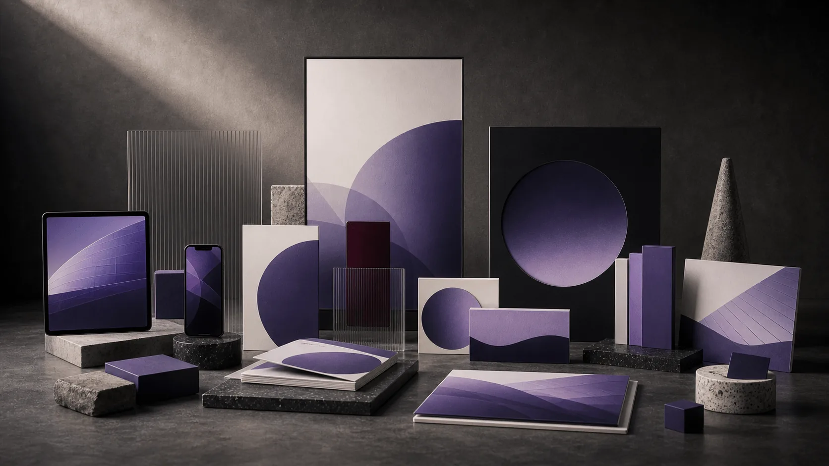 Gallery-style abstract brand execution system with poster planes, proposal slabs and content tiles