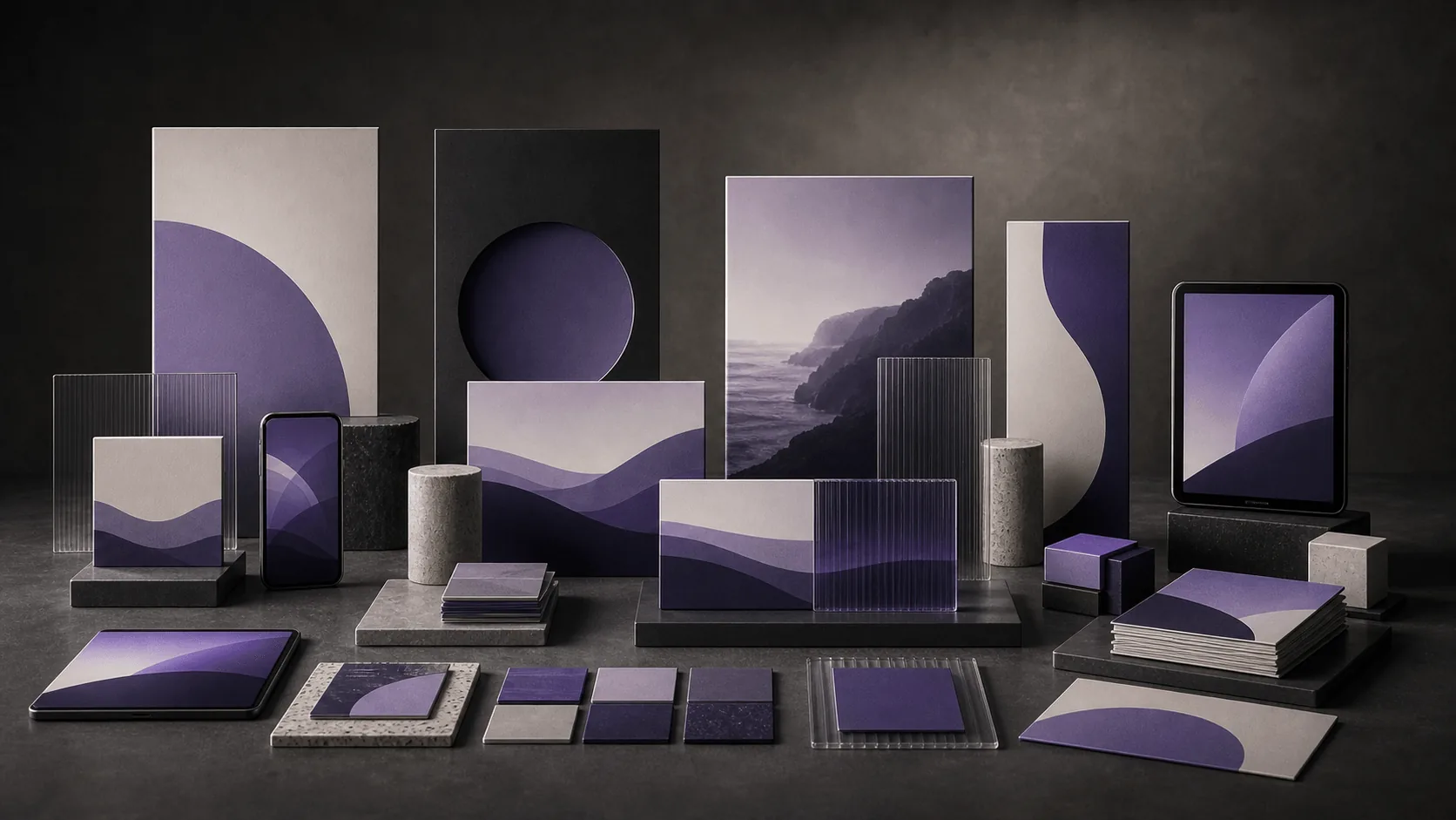 Abstract multi-channel brand system with campaign boards, proposal slabs and presentation planes