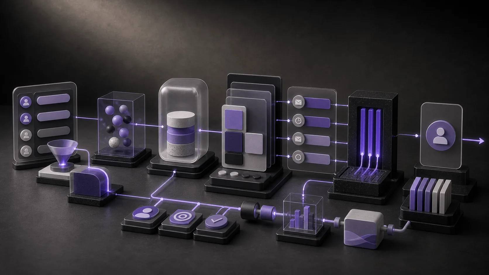 Abstract sales and lead workflow automation system with pipeline modules, CRM enrichment capsules and violet path highlights
