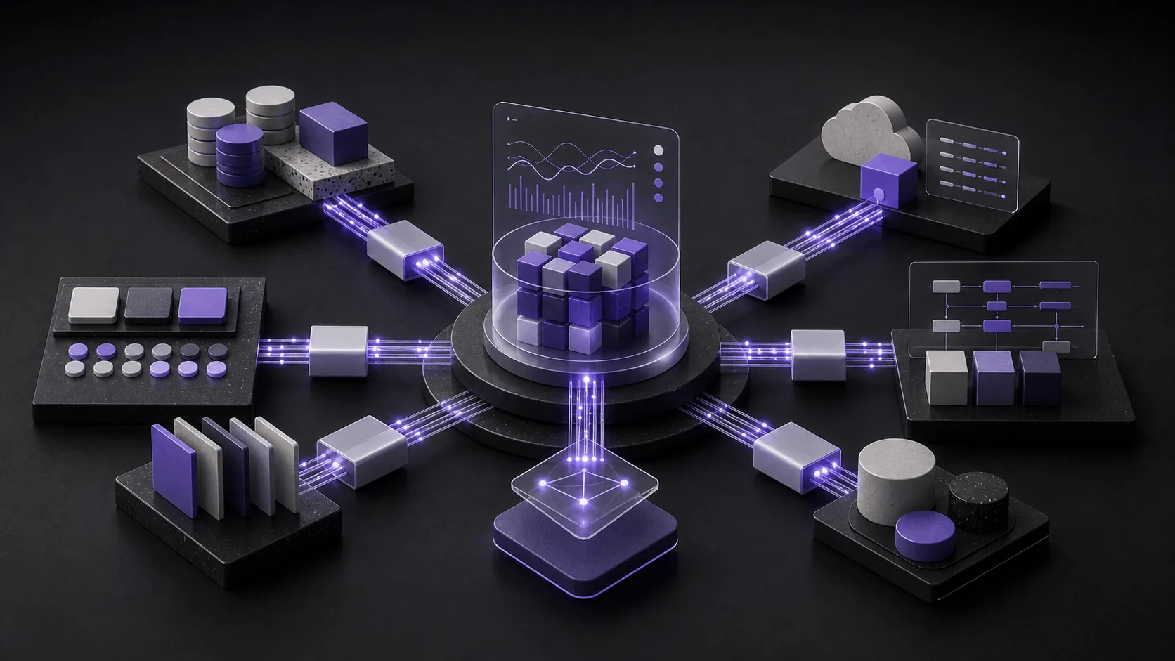 Abstract cross-platform integration architecture with connected system islands, data bridges and unified insight hub