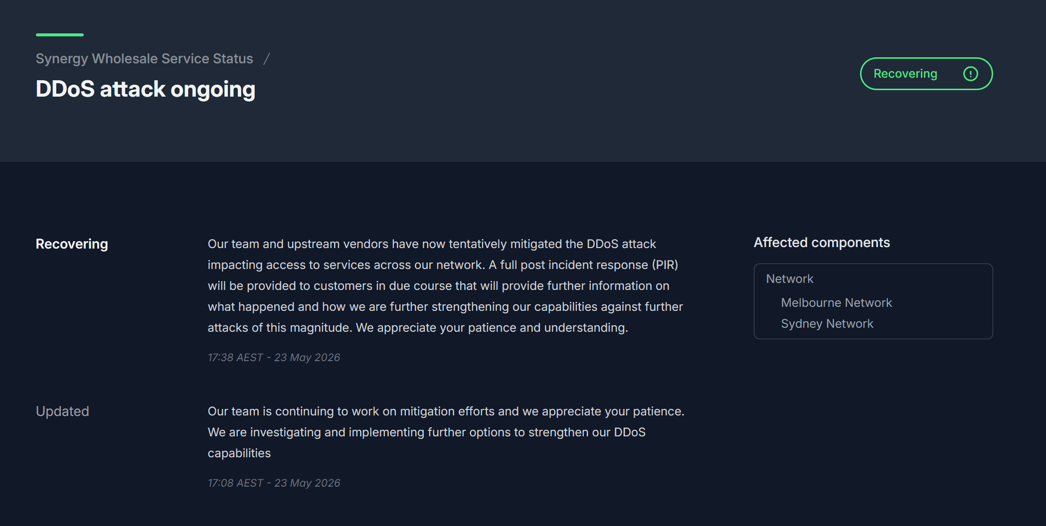 Synergy Wholesale service status notice "DDoS attack ongoing", marked Recovering at 17:38 AEST on 23 May 2026, affecting the Melbourne and Sydney networks