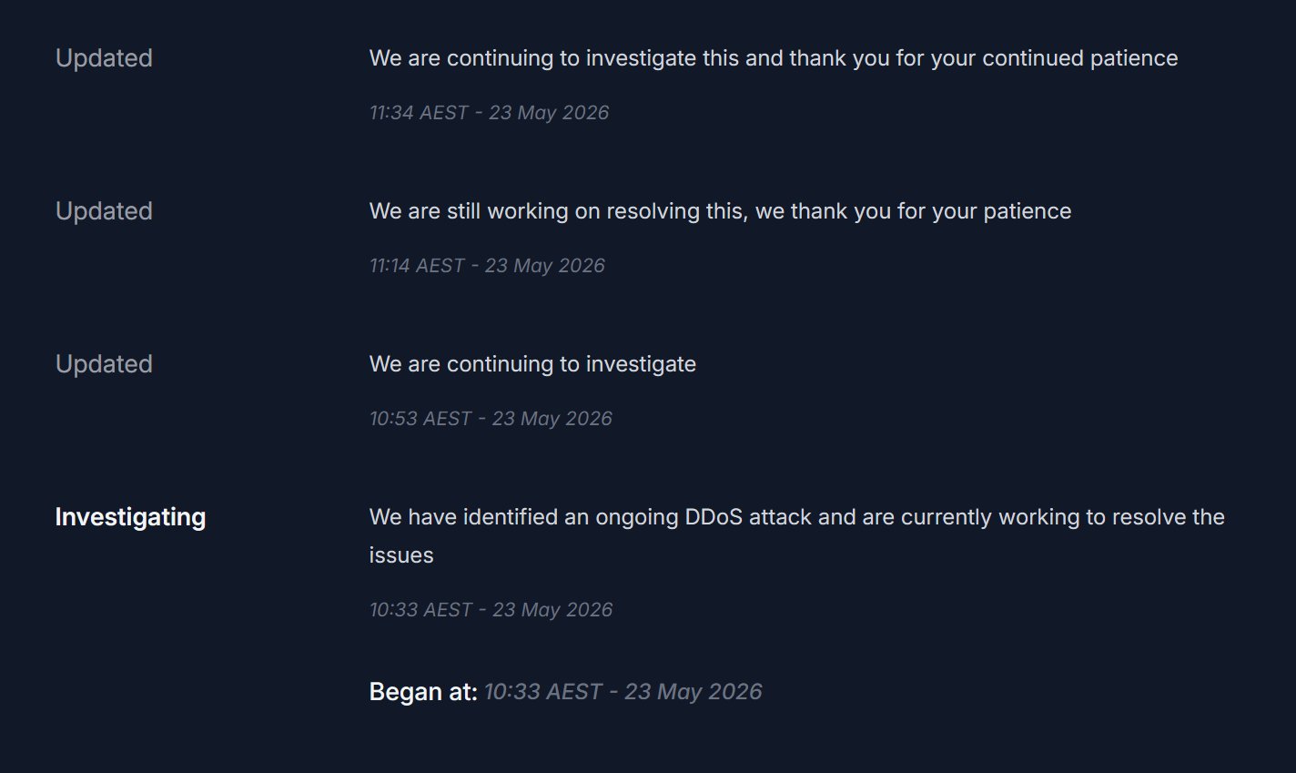 Synergy Wholesale status page updates from 23 May 2026, from "We have identified an ongoing DDoS attack" at 10:33 AEST to continuing investigation at 11:34 AEST