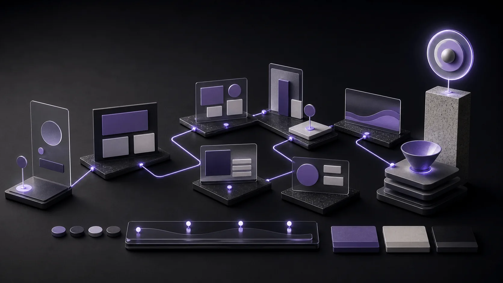Abstract UX-centric website architecture with modular interface pathways, conversion flow nodes and violet accents