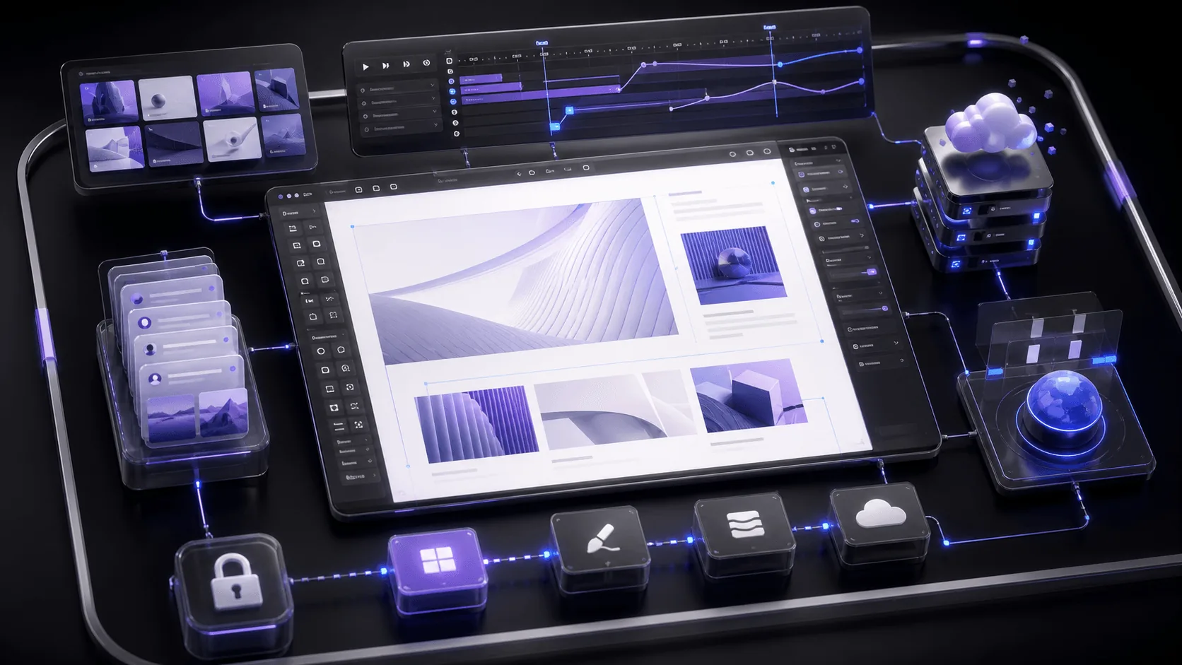 Abstract Webflow visual development canvas with CMS cards, animation timeline, managed hosting modules, and purple accents