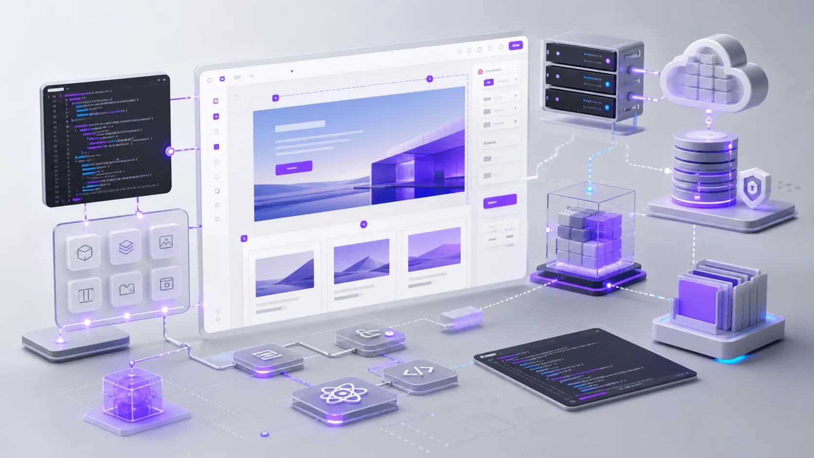 Abstract WebStudio visual builder workspace with open-source code panels, self-hosted infrastructure, and purple accents