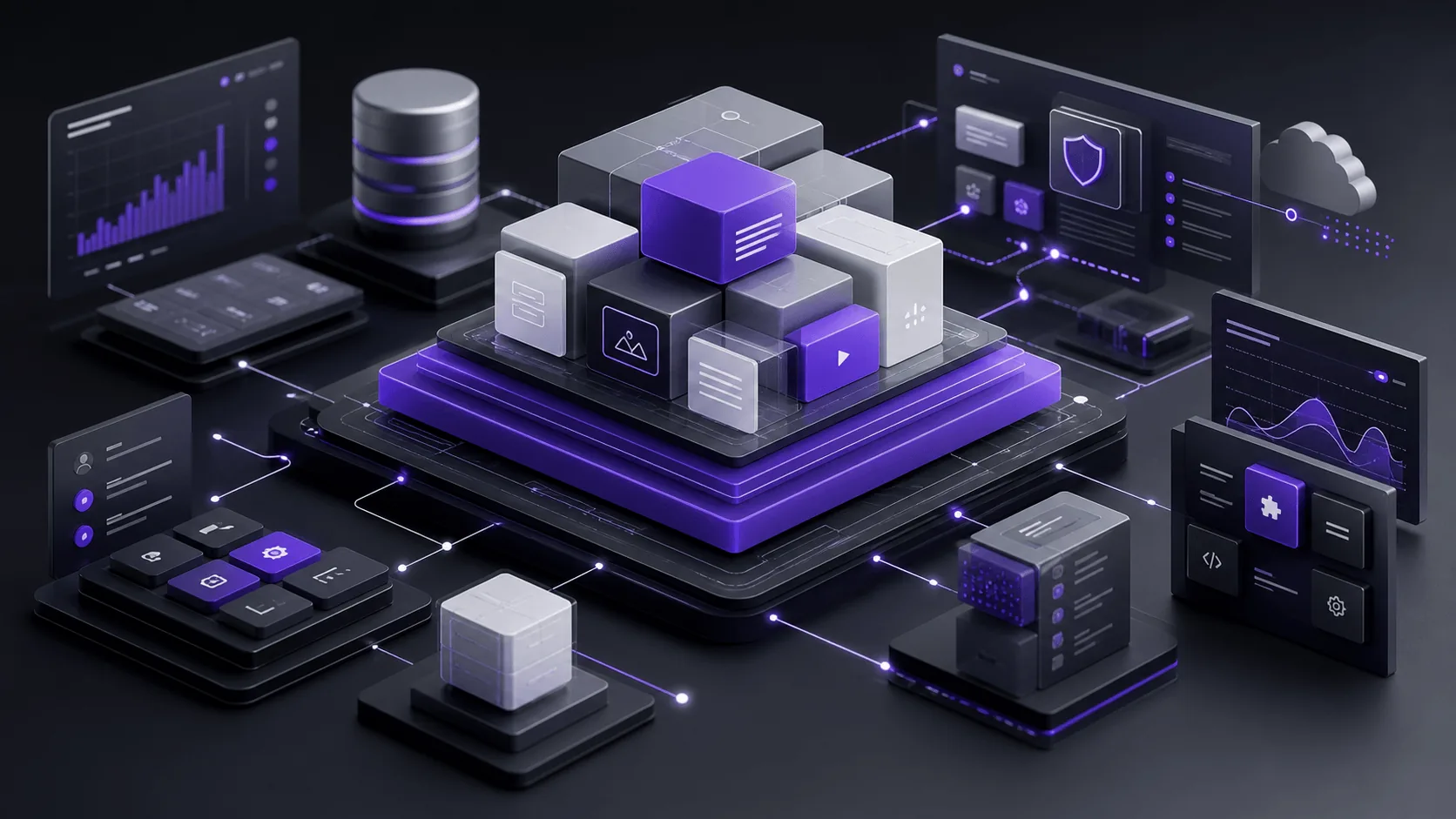 Abstract WordPress CMS architecture with modular content blocks, infrastructure layers, and purple technology accents